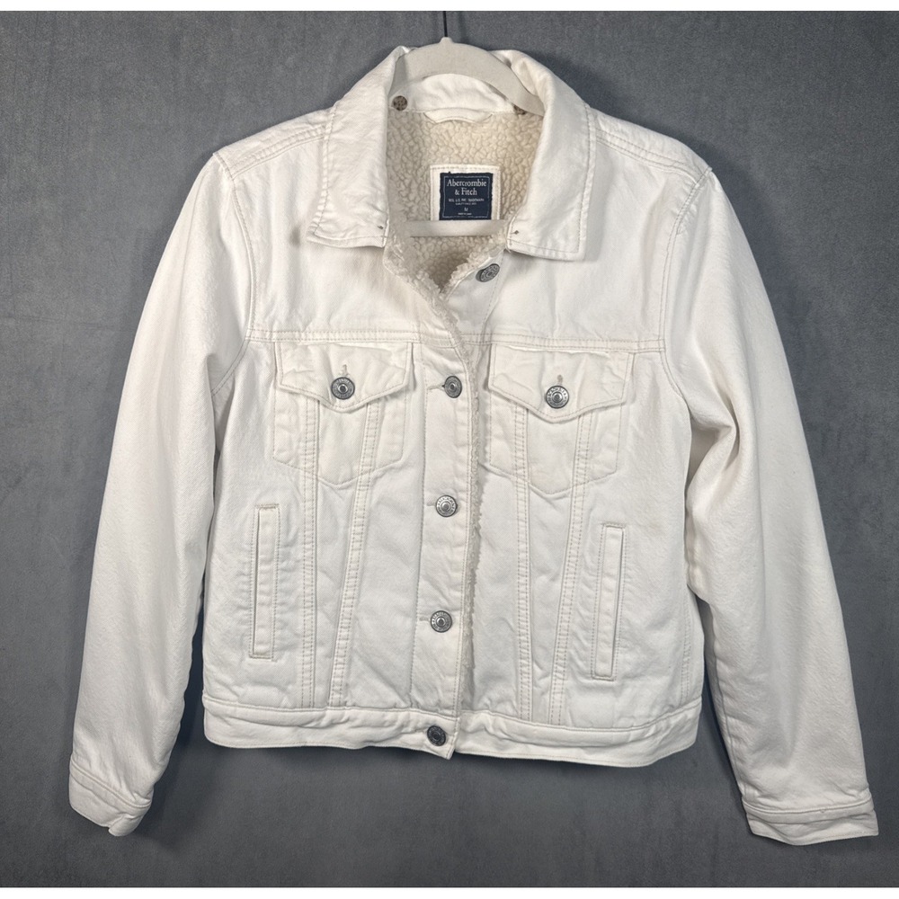 Abercrombie & Fitch Sherpa Lined Denim Trucker Jacket White Womens' Sz Medium